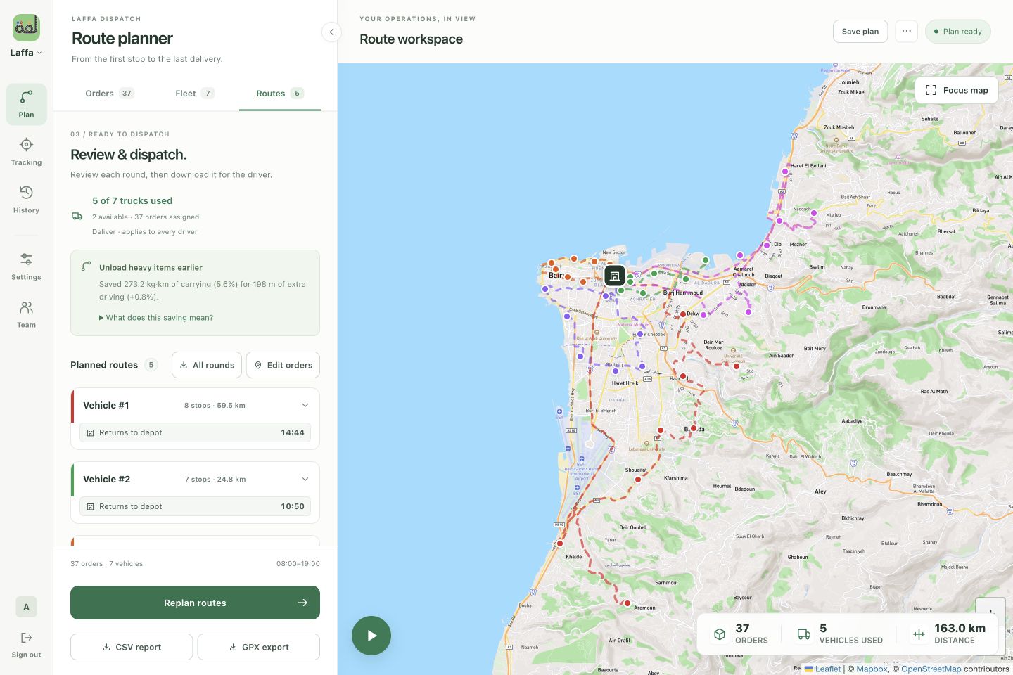 Laffa desktop workspace showing five routes and 37 sample stops across Beirut and its suburbs