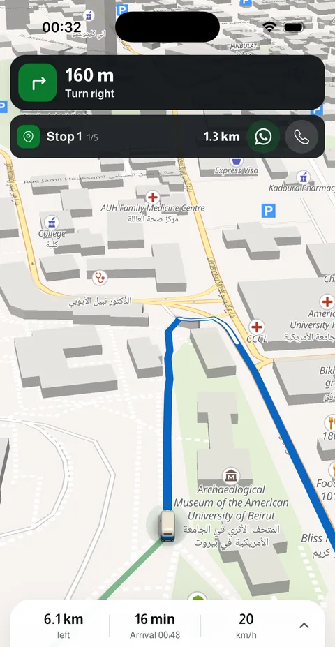 Turn-by-turn navigation with the next stop and one-tap contact