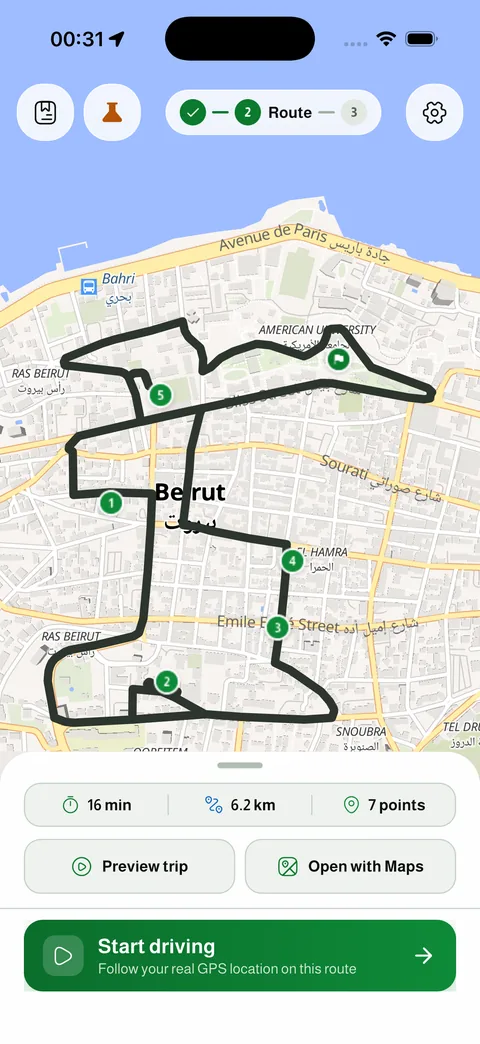 The optimized round across Beirut, with every stop numbered and timed