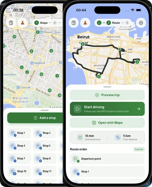 The Laffa mobile app: adding stops, and an optimized route ready to drive