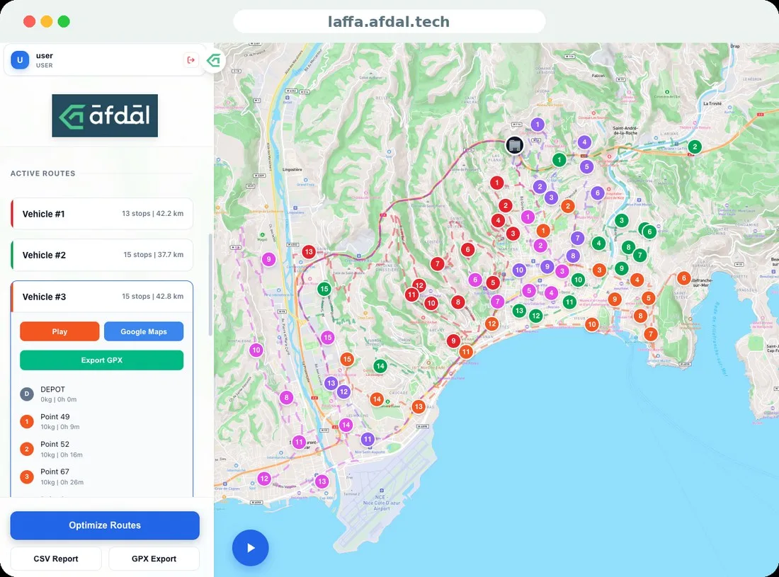 The Laffa web platform: active routes for three vehicles beside an optimized map